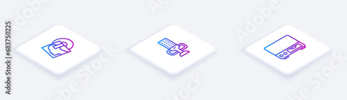 Set Isometric line Vinyl disk, Microphone and Old video cassette player. White square button. Vector