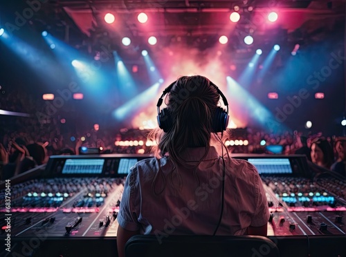 Vibrant exposure of DJ Concert  Backshot of soundboard player with neon lights