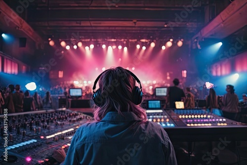 Vibrant exposure of DJ Concert, Backshot of soundboard player with neon lights