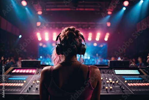 Vibrant exposure of DJ Concert, Backshot of soundboard player with neon lights