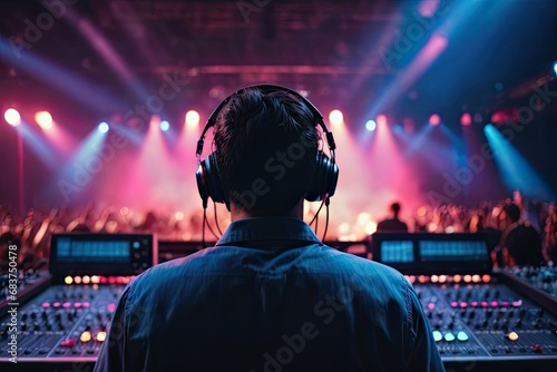 Vibrant exposure of DJ Concert, Backshot of soundboard player with neon lights © Animesh