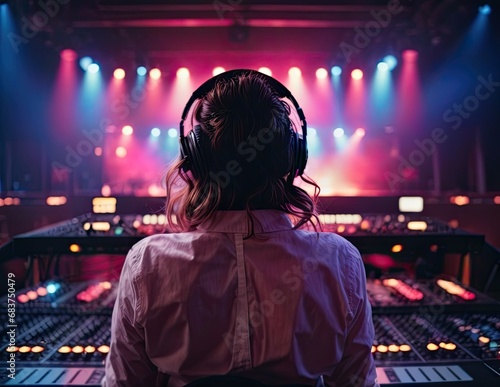 Vibrant exposure of DJ Concert, Backshot of soundboard player with neon lights