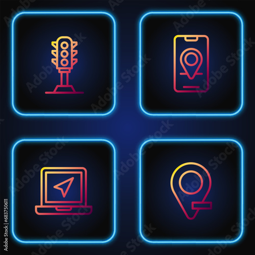 Set line Location, Laptop with location marker, Traffic light and City map navigation. Gradient color icons. Vector