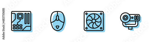 Set line Computer cooler, Motherboard digital chip, mouse and Web camera icon. Vector