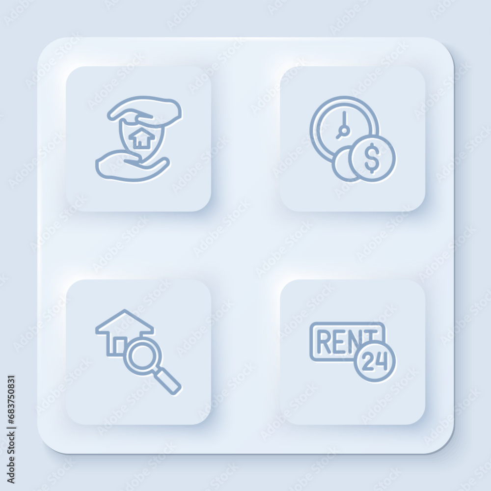 Set line House with shield, Time is money, Search house and Rent. White square button. Vector