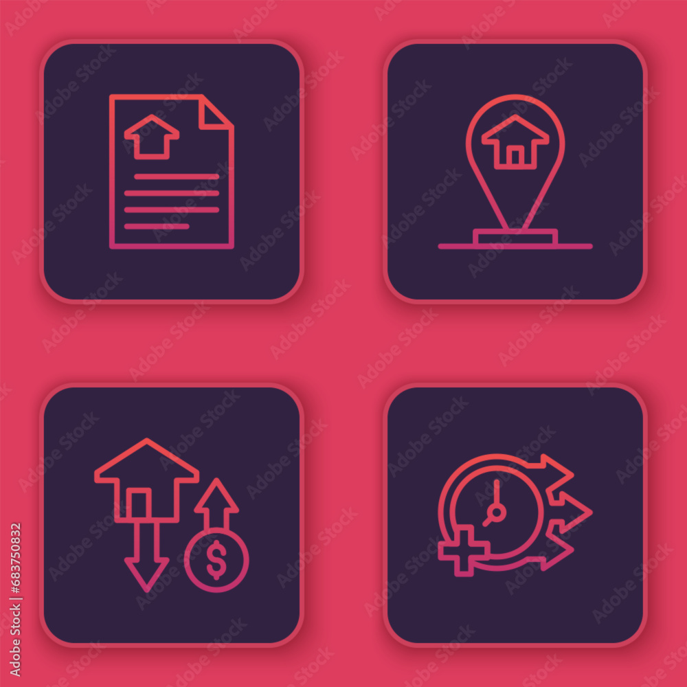 Set line House contract, with dollar, Location house and Clock. Blue square button. Vector Set line House contract, with dollar, Location house and Clock. Blue square button. Vector