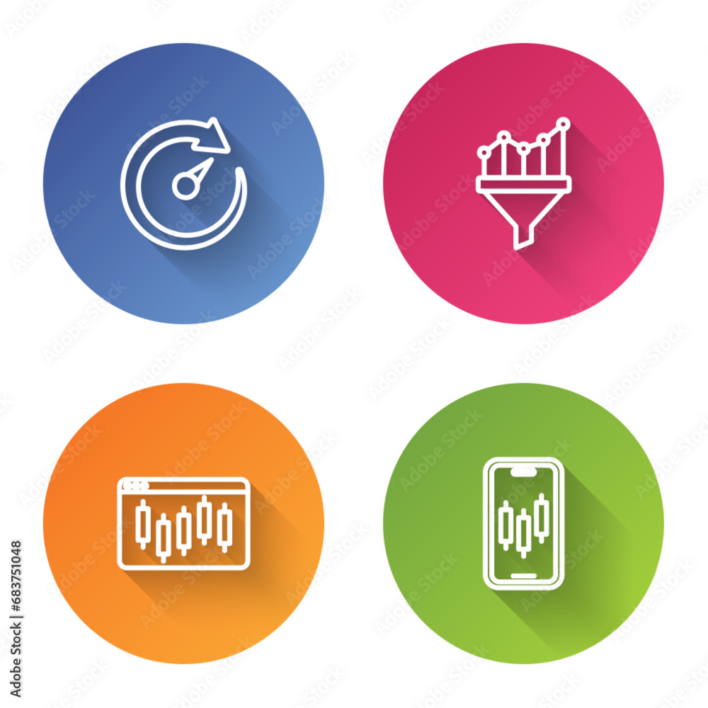 Set line Digital speed meter, Sales funnel with chart, Browser stocks market and Mobile trading. Color circle button. Vector Set line Digital speed meter, Sales funnel with chart, Browser stocks market and Mobile trading. Color circle button. Vector