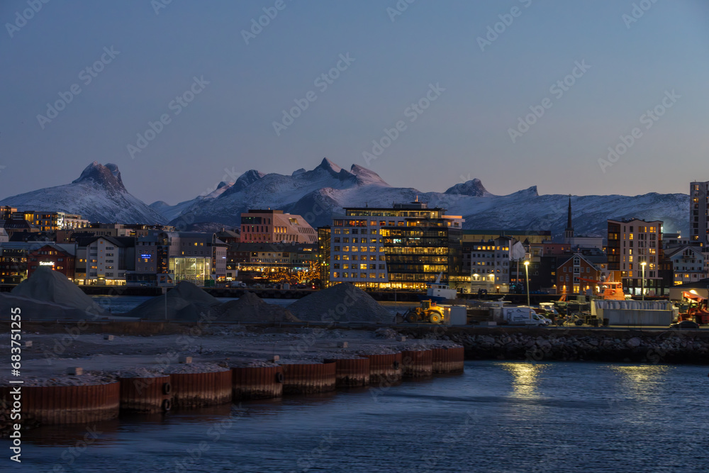 Night view of the city Bodø, Norway