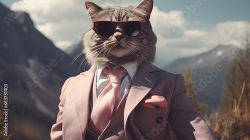 a cat wearing a suit and glasses on top of mountains, pink, tracing, animalier