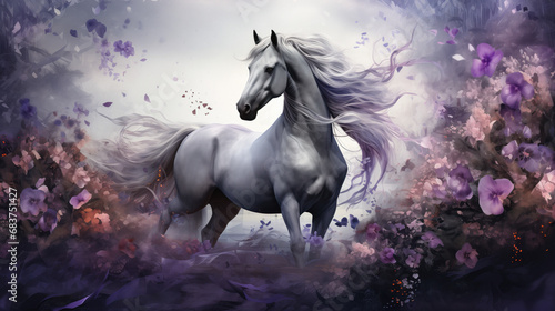 Fantasy horse with purple and violet flowers. Beautiful background. Large format.