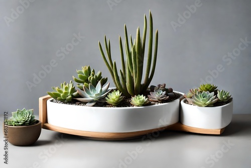 A modern planter filled with succulents and sleek design. 