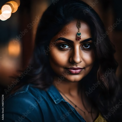 headshot photo of a beautiful twenty-year-old slightly overweight Indian woman, looking into the camera.