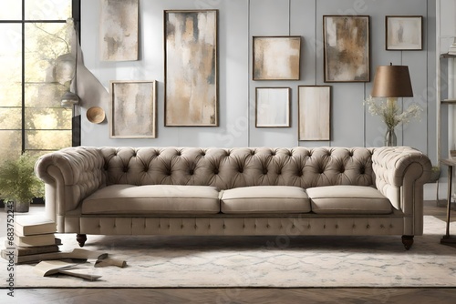 Create a captivating image of a Chesterfield Sofa with impeccable tufted upholstery and soft textures.  photo
