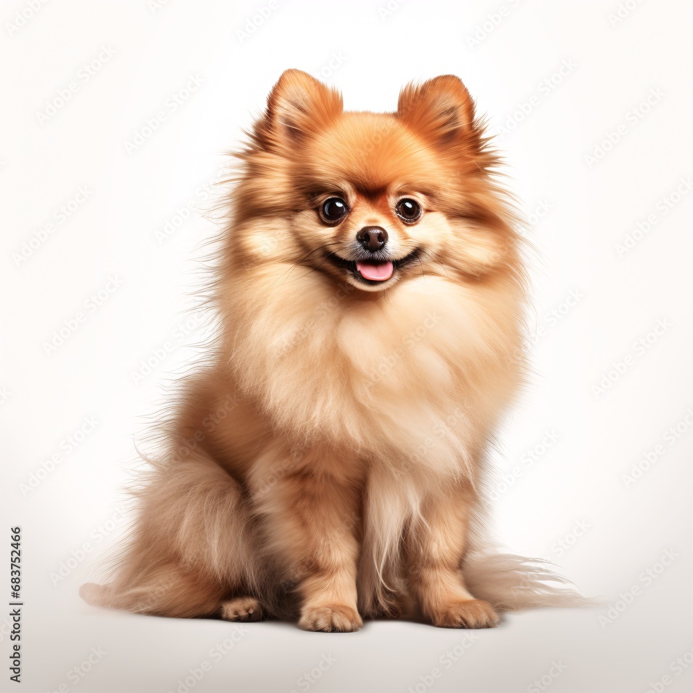 a fawn pomeranian dog sitting on a white background, light orange and light maroon, digitally enhanced, lensbaby optics a fawn pomeranian dog sitting on a white background, light orange and light maroon, digitally enhanced, lensbaby optics