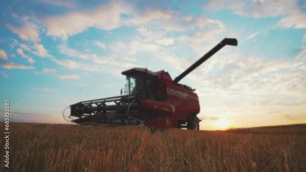 Agricultural combine harvester on field. Harvesting ripe wheat on agricultural farm at golden sunset. Farmland harvest using machinery equipment. Food production farming industry agribusiness concept. Agricultural combine harvester on field. Harvesting ripe wheat on agricultural farm at golden sunset. Farmland harvest using machinery equipment. Food production farming industry agribusiness concept.