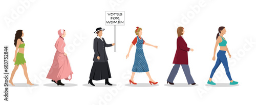 The history of the evolution of fashion women from ancient times to the present. Flat vector illustration isolated on white background