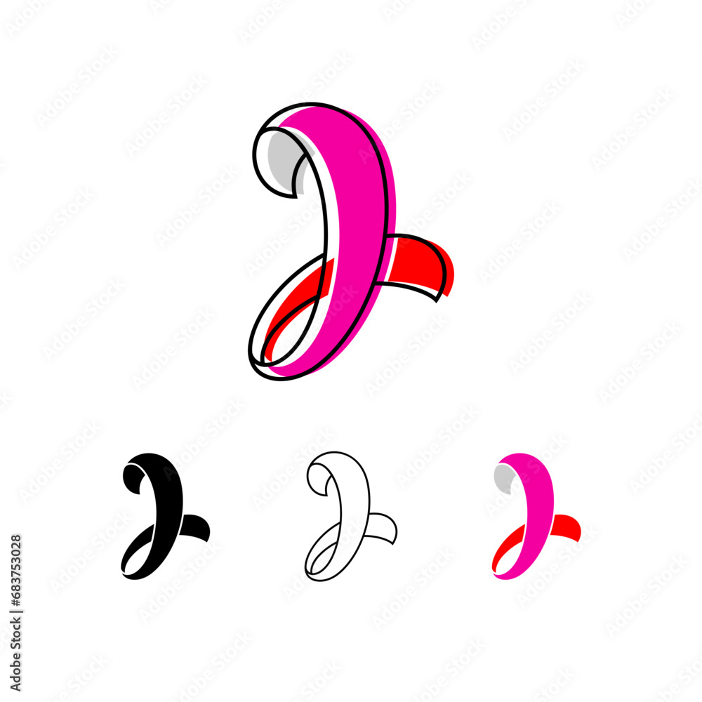 Colorful curvy letter J, handwritten script alphabet, cursive