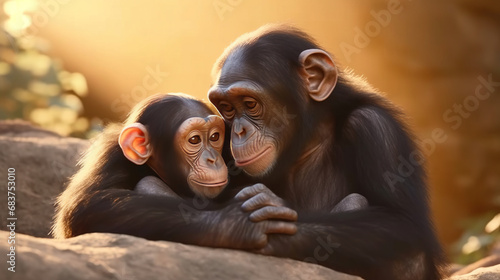 Chimpanzee Mother Petting Her Son in a Tender Way Blurry Background