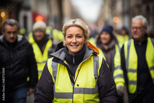 Portrait woman demonstration of the yellow vests walking in the street