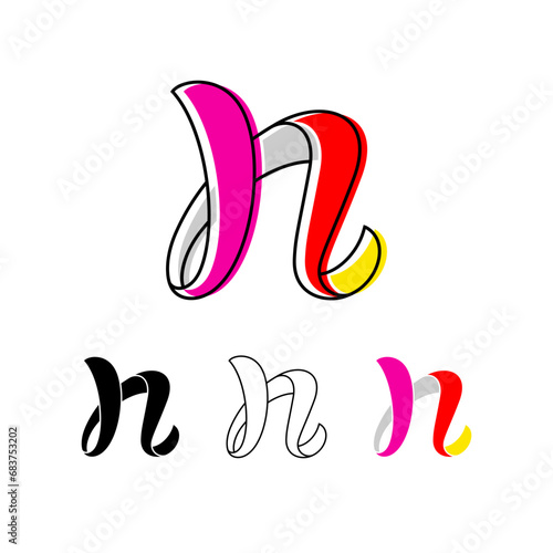 Colorful curvy letter N, handwritten script alphabet, cursive calligraphy typeface, vector hand-drawn typeface isolated on a white background.