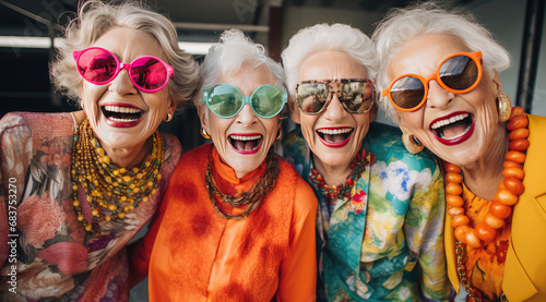 several old ladies in colorful outfits smiling for the camera © Kien