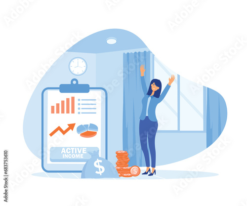 Businesswoman works, earns salary. Idea of financial growth, business development, wages.  flat vector modern illustration 