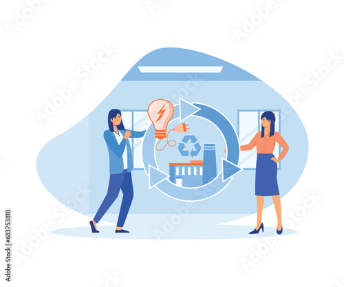  Circular economy concept and  energy production. Tiny people holding cycle sign with electric factory, green factory and light bulbs inside.  flat vector modern illustration 