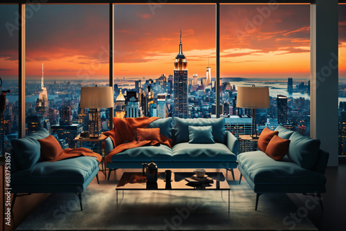 modern interior of a living room in an apartment, furniture, a table and sofa and pillows, a beautiful view outside the window of a modern metropolis with skyscrapers at sunset © soleg