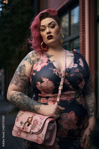 a plus size woman standing with a purse, tattoo-inspired