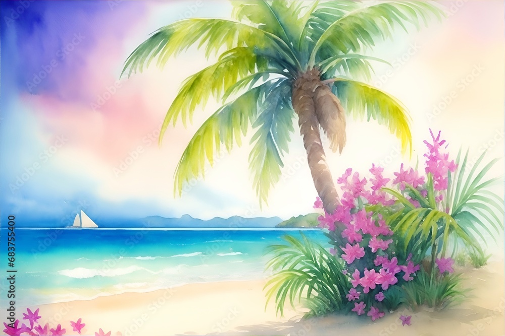 Fototapeta premium Watercolor painting of Palms on the beach. AI generated illustration