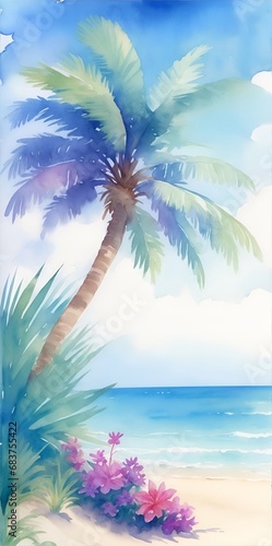 Watercolor painting of Palms on the beach. AI generated illustration © vector_master