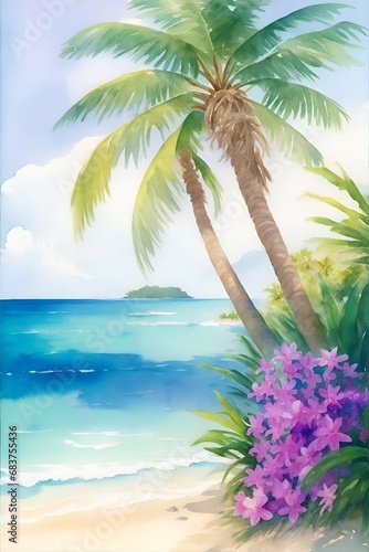 Watercolor painting of Palms on the beach. AI generated illustration