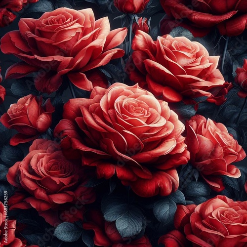 Red Rose Seamless floral pattern fabric background design.Retro Vintage Flower Elegant Isolated Motif Texture Wallpaper Illustration.Beautiful Decoration Textile Ornate Element Vector Art  © safu10190