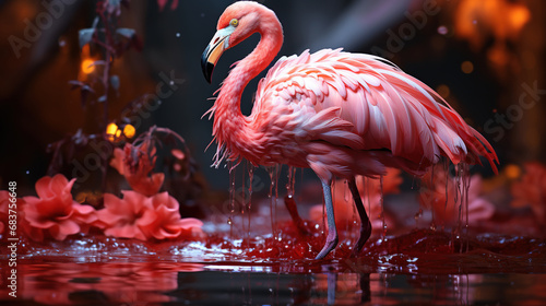 Graceful Flamingo At Water Lake Blurry Background © Image Lounge
