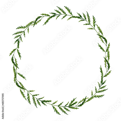 Fototapeta Naklejka Na Ścianę i Meble -  Wreath with green leaves and branches arrangement. Hand drawn watercolor illustration isolated on transparent background. Round frame for cards, invitations, logos, printing materials, decorations.
