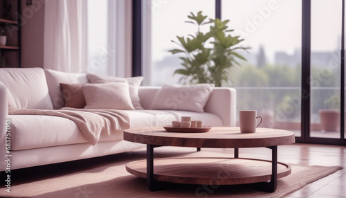 Rustic coffee table near white fabric sofa against window Japandi style home interior design of modern living room.