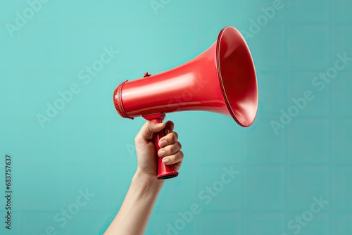 Hand holding megaphone Announcement concept promotion and advertising concept photo