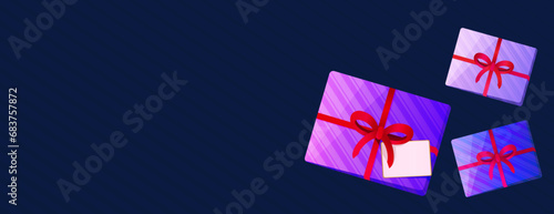 Christmas Fon with cute gift box on a gradient dark blue background. Vector illustration abstract, bright  gift box. Horizontal border with copy space. 