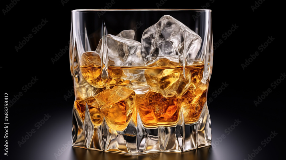 Scotch Whiskey in Glass With Clear Ice Cubes Blurry Background