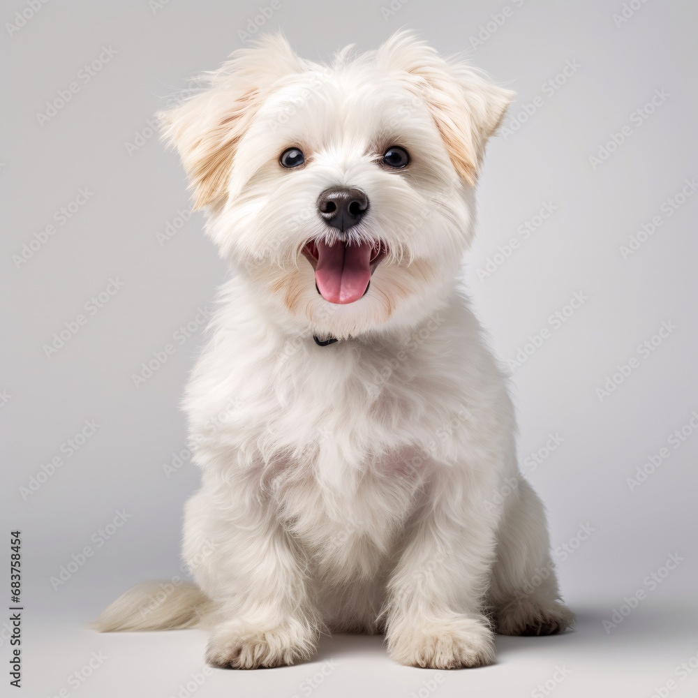 a white pet dog sits on a white background smiling on a white background with digitally enhanced playful expressions