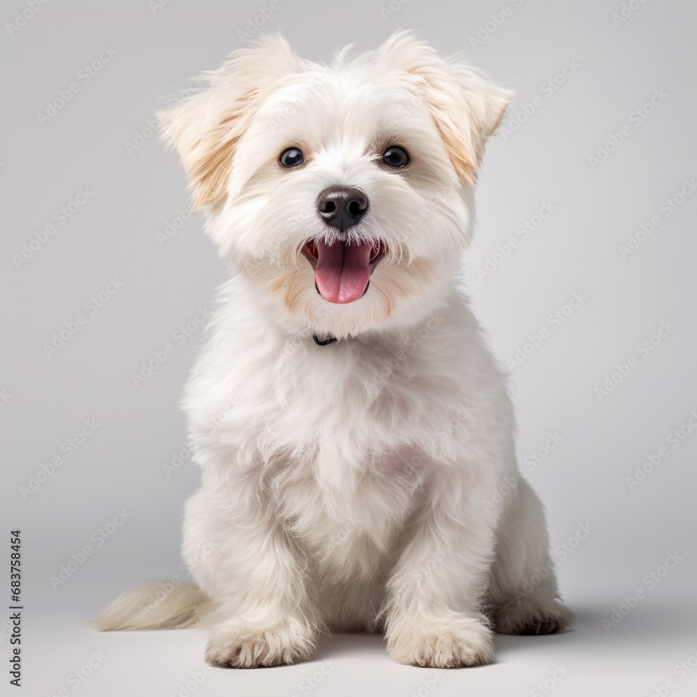 a white pet dog sits on a white background smiling on a white background with digitally enhanced playful expressions a white pet dog sits on a white background smiling on a white background with digitally enhanced playful expressions
