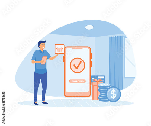 Man pays successfully and safely. Online mobile payment and banking service.  flat vector modern illustration 