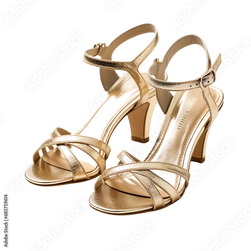 angled view of gold strappy sandals shoes isolated on a white transparent background 