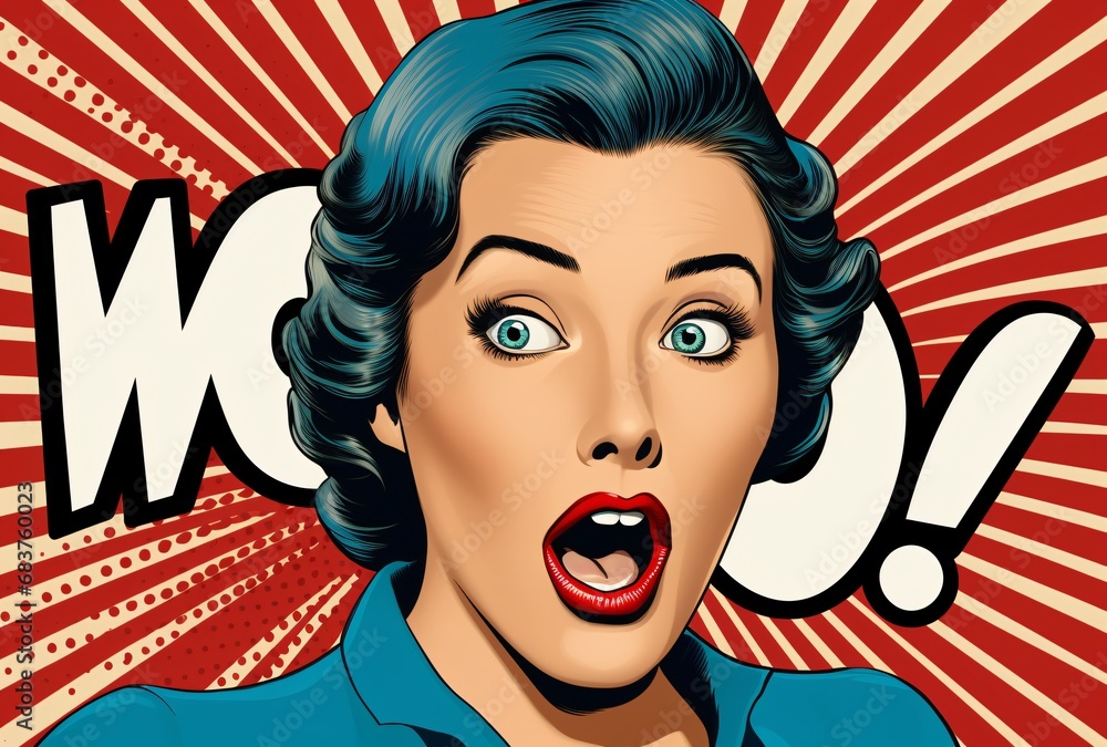 a woman shouting the word woo in pop comics art, vintage imagery, authentic expressions