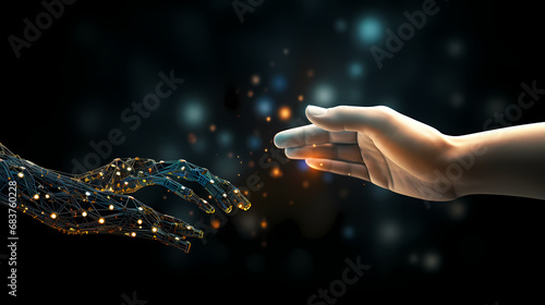 AI, Machine learning, Hands of robot and human touch on big data network 
