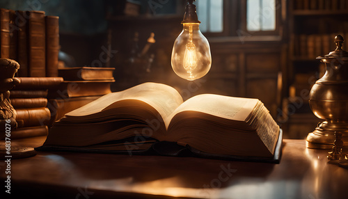 A mysterious cloud hovers above an open book on a desk surrounded by objects in a dimly lit room, creating an intriguing atmospheric scene. photo