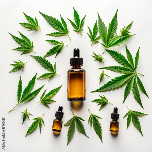 CBD oil bottles with cannabis leaves scattered around on a white background