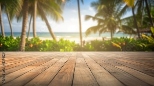 Wood floor with blurred bokeh trees