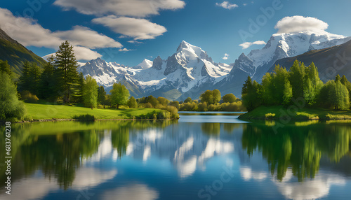 A serene mountain lake scene has lush green grass, rocks, and snowcapped peaks reflected in calm water beneath a vivid blue sky for tranquil natural beauty.