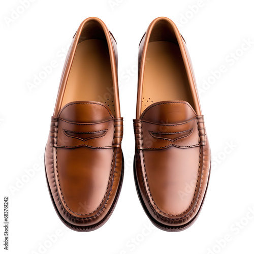 Top view of brown leather loafers shoes isolated on a white transparent background 